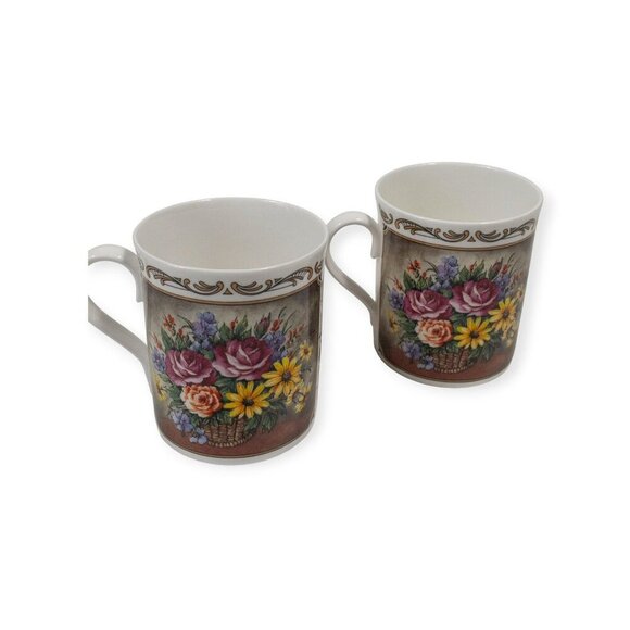 Royal Worcester Porcelain Floral Bouquet Scroll Coffee/Tea Mugs Set Of 2 Fine Bo - Picture 2 of 15